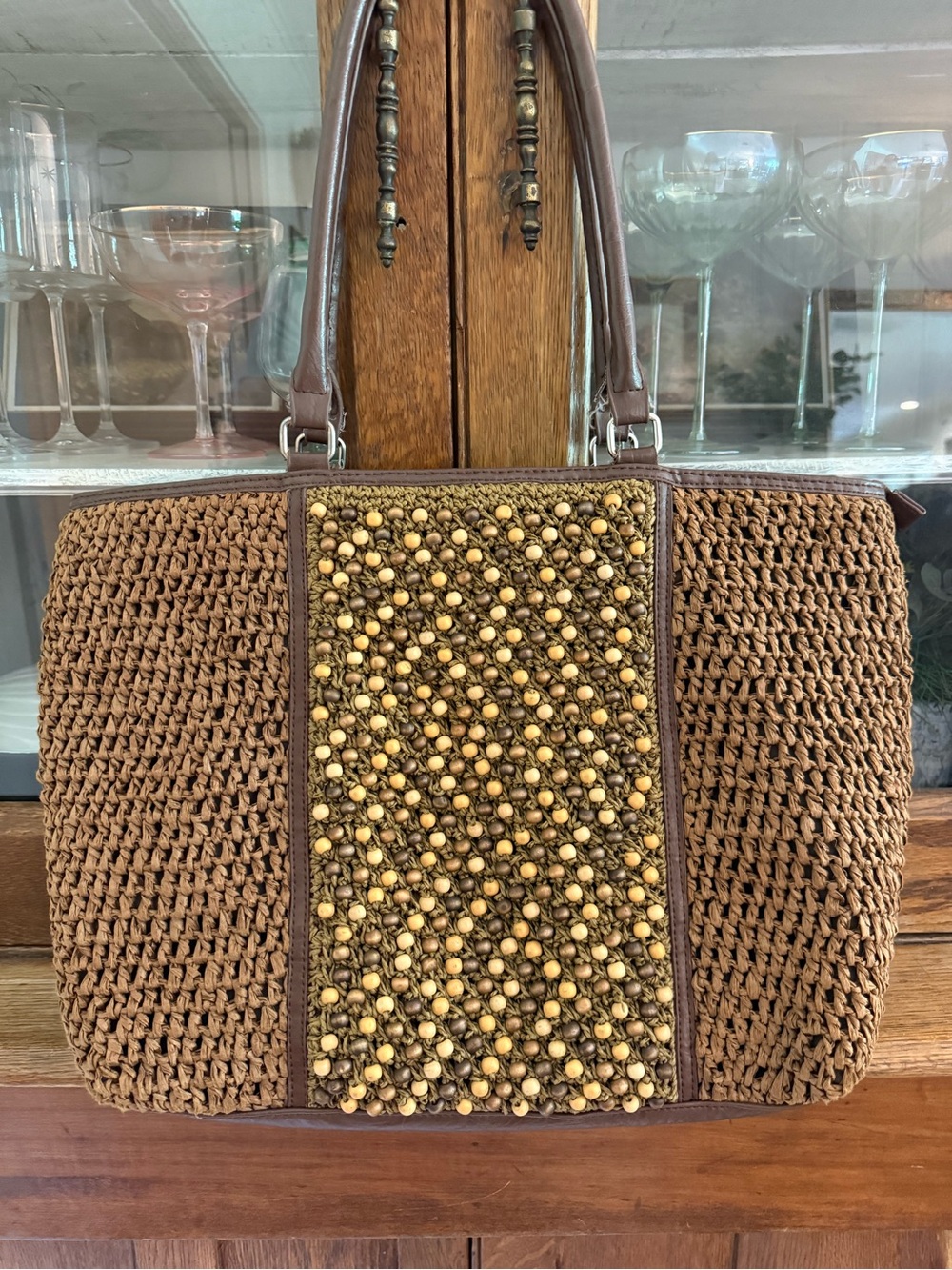 Straw Studios Brown Woven Shoulder Tote with Bead Panel